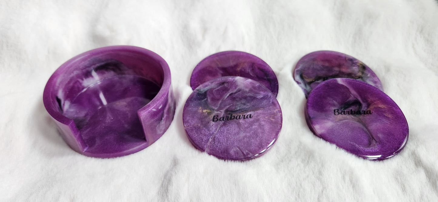 4 customized marble resin coasters with holder.