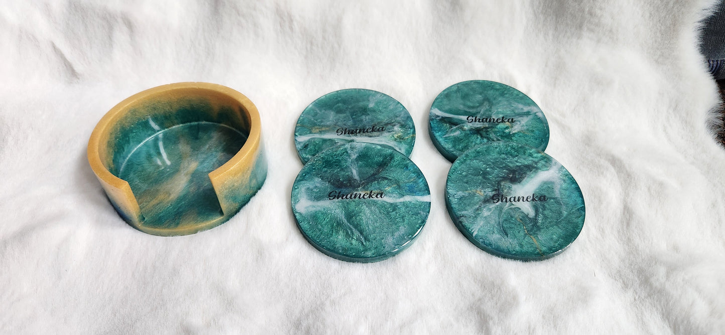 4 customized marble resin coasters with holder.