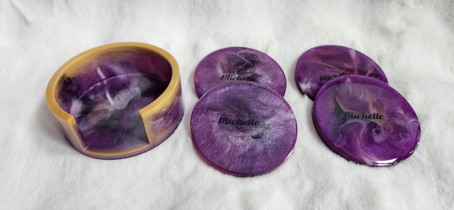 4 customized marble resin coasters with holder.