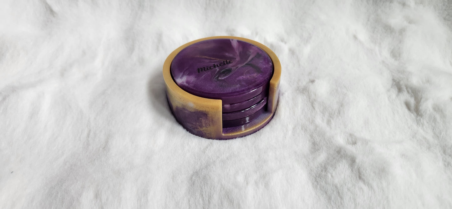 4 customized marble resin coasters with holder.