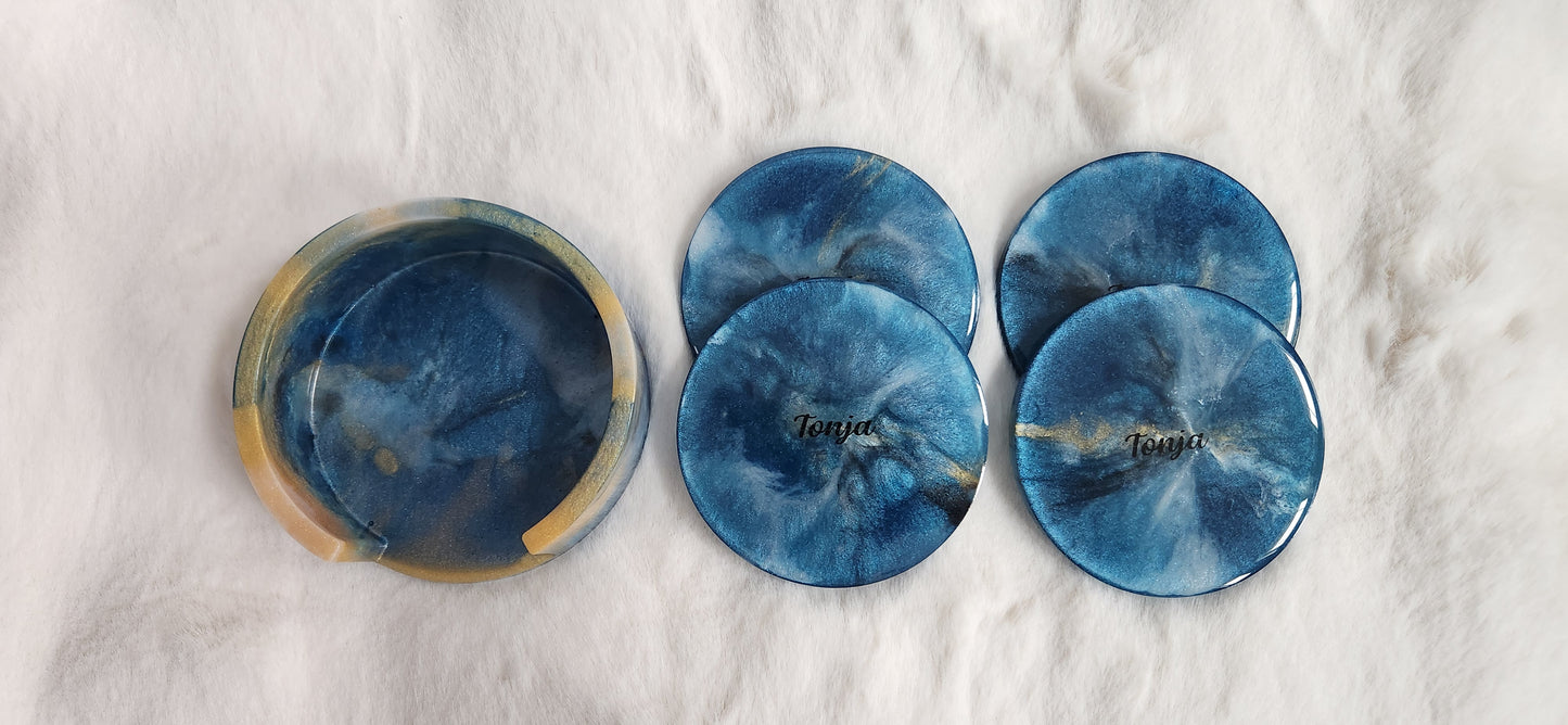 4 customized marble resin coasters with holder.