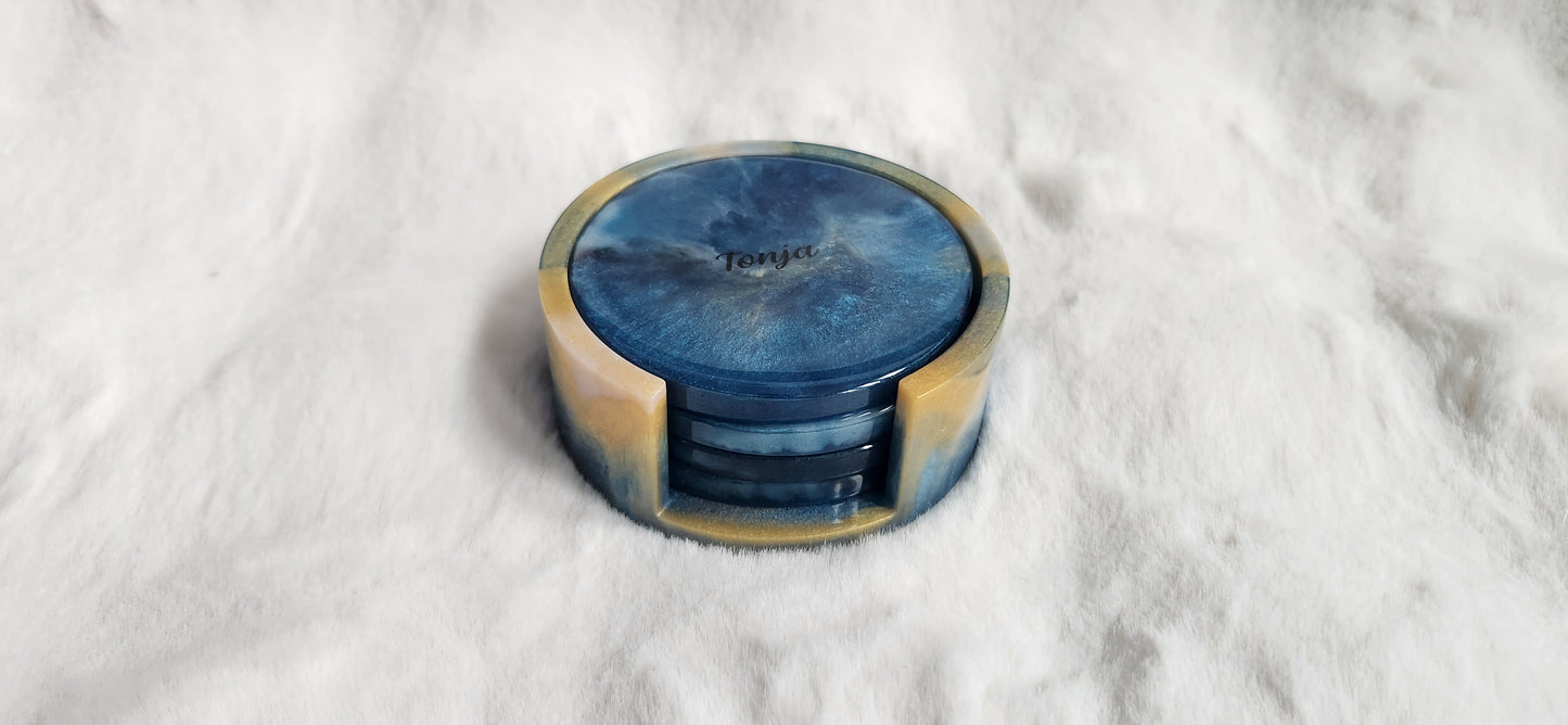 4 customized marble resin coasters with holder.