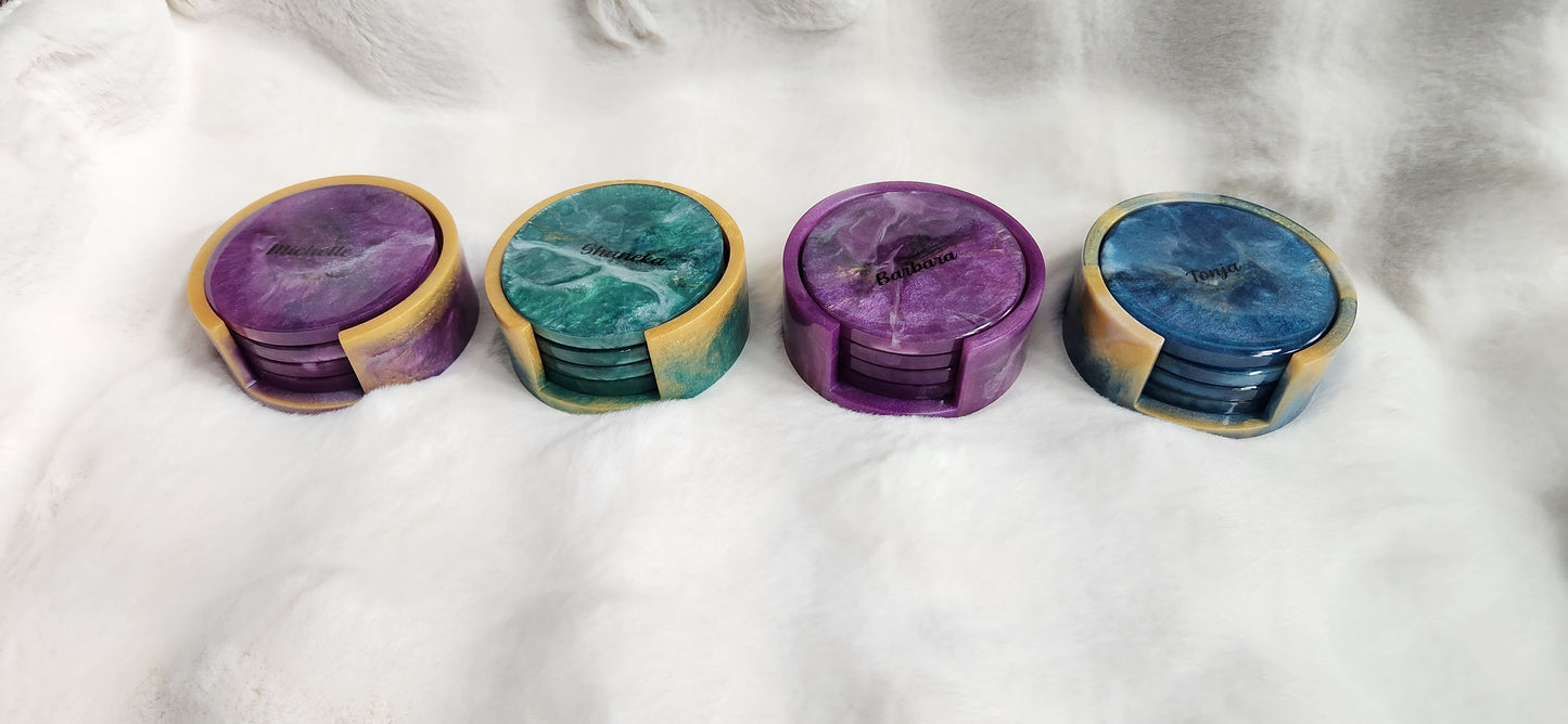 4 customized marble resin coasters with holder.