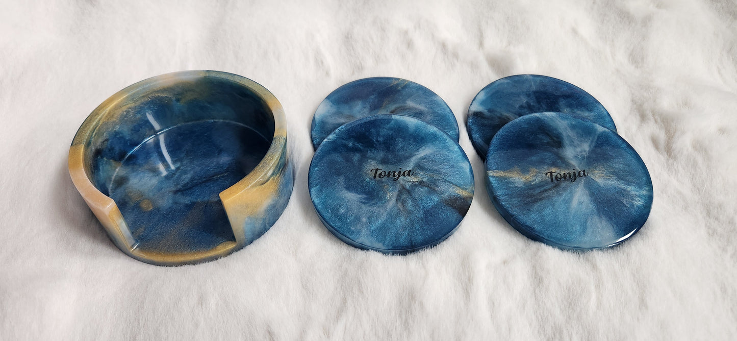 4  customized marble resin coasters with holder.