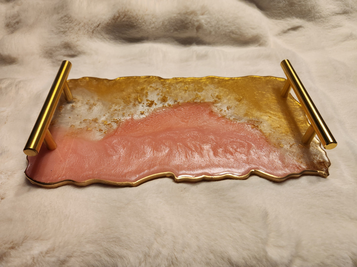 Gold, pastel pink and shimmering white tray and coasters