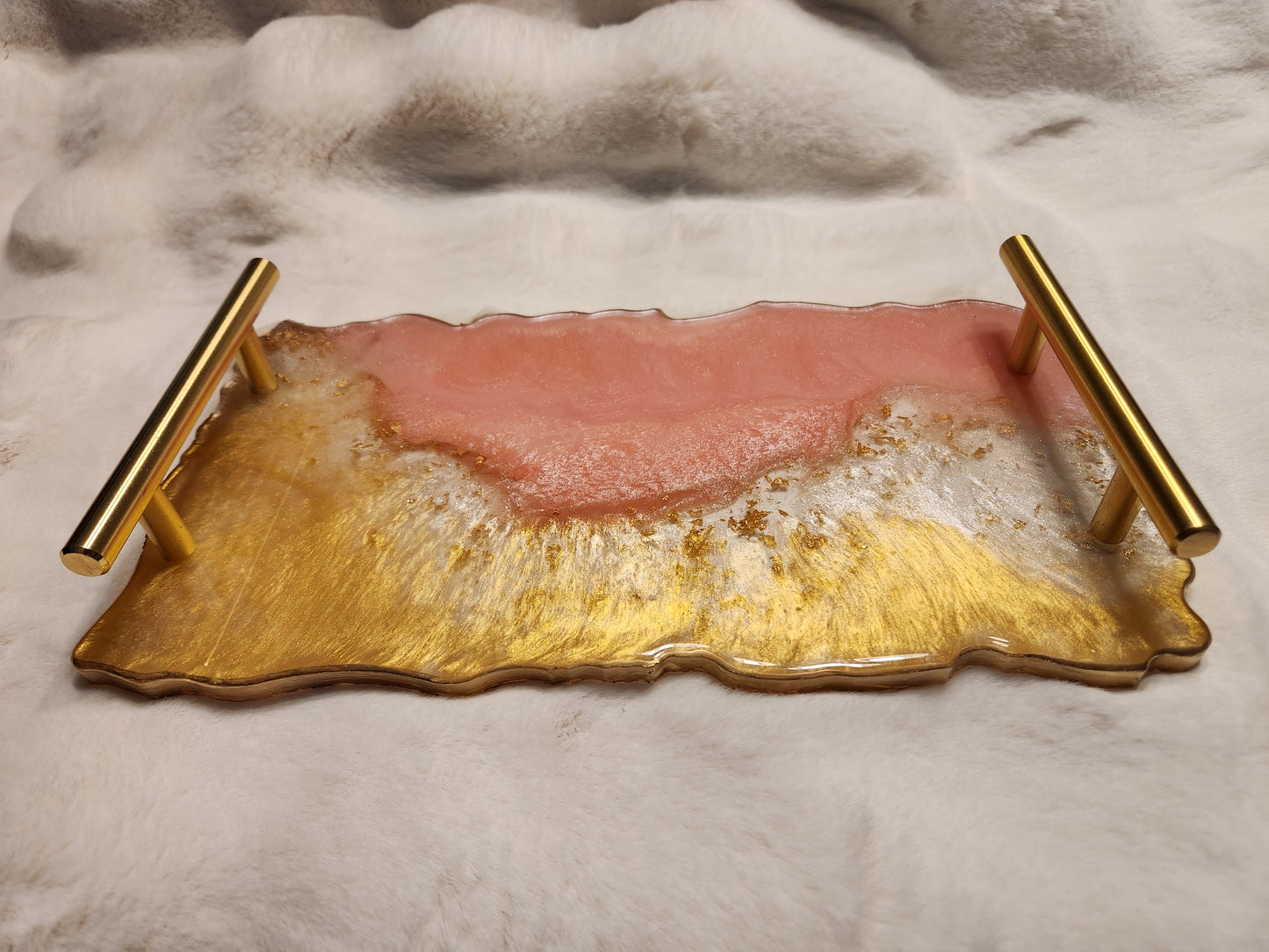 Gold, pastel pink and shimmering white tray and coasters