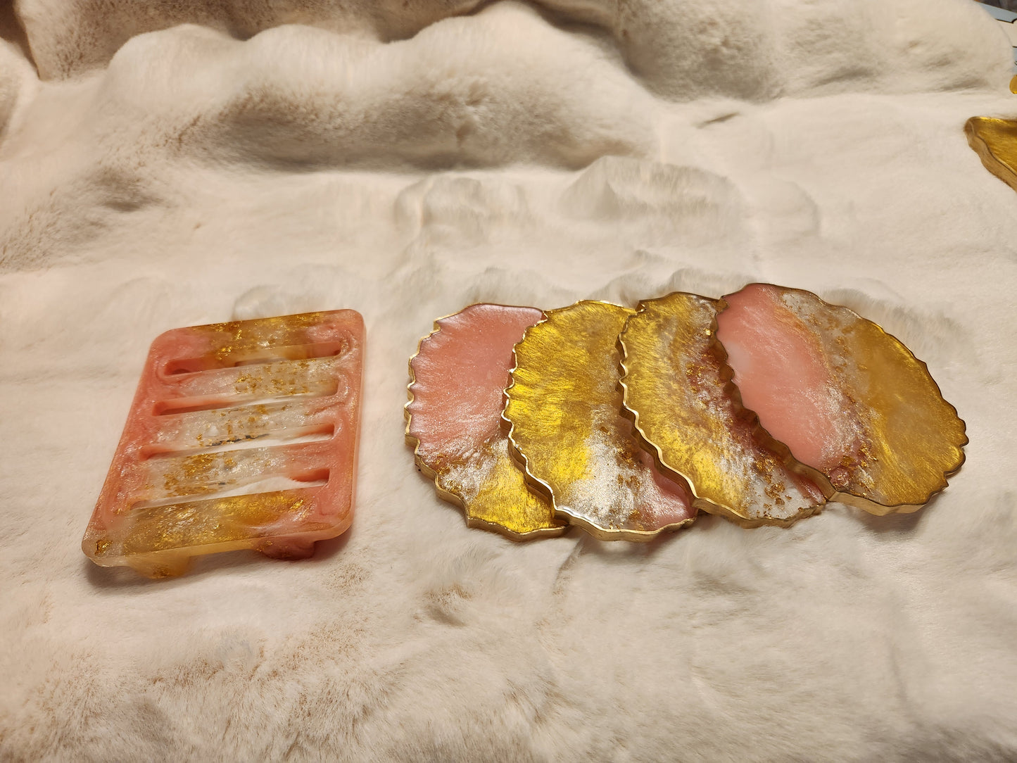 Gold, pastel pink and shimmering white tray and coasters