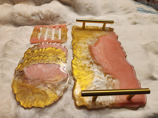 Gold, pastel pink and shimmering white tray and coasters